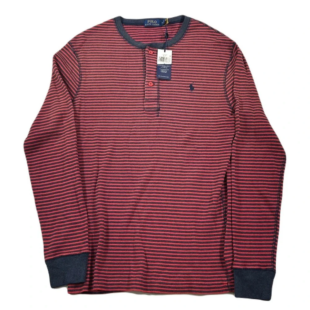 Polo Ralph Lauren Waffle Knit‎ Shirt Men Medium Red Striped Crewneck Thermal NEW